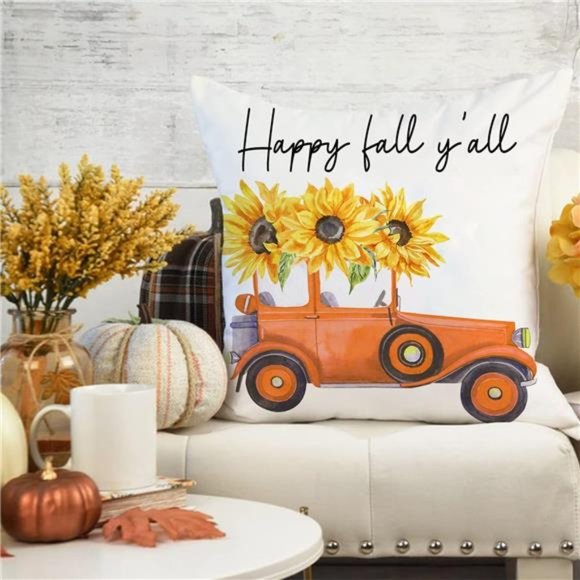 (Only Covers) Set of 4 Fall Pillow Covers 18x18 Hello Pumpkins Welcome Trucks - Picture 5 of 7